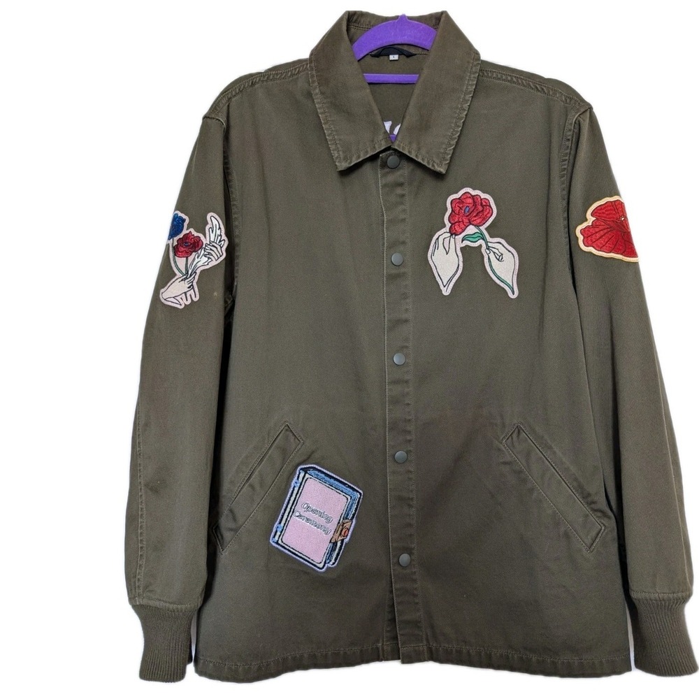 OPENING CEREMONY Womens Large Gestures Coach Jacket Embroidered Military Green